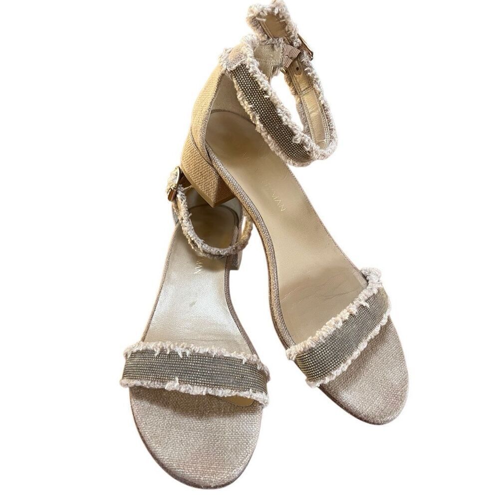 Stuart Weitzman Gold Beaded Beige Tweed Nudistchains Sandals Ankle/Toe Strap 9 M